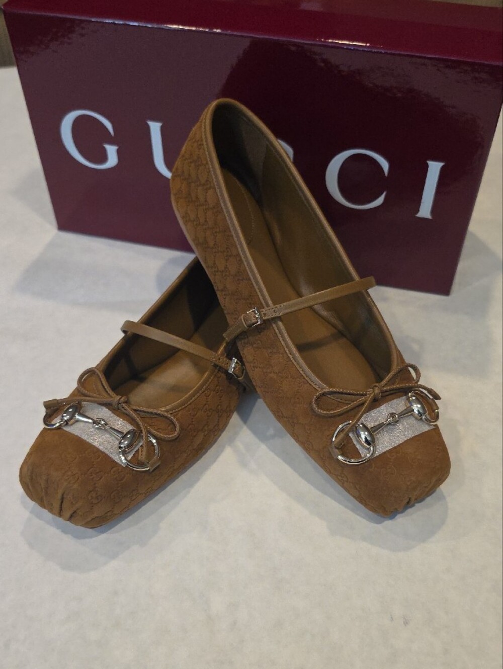 Gucci Tan GG Suede Ballet Flats with Silver Horsebit - Picture 2 of 7